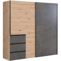 Armoire 2 portes coulissantes 3 tiroirs - Décor chene artisan et béton gris - L 200,1 x P 61,2 x H 200,5 cm - WINN2(m-1)