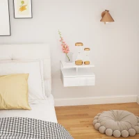 HOMCOM Floating High Gloss Bedside Table - High Gloss White(m-7)