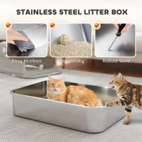 PawHut XXL Stainless Steel Cat Litter Tray, Enclosed Cat Litter Box with 90° Flip Cover, Double Doors, Scoop, Easy Clean, Grey(m-4)