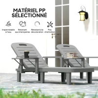 Outsunny Lot de 2 bains de soleil, chaise longue avec dossier inclinable et tablettes pliables, 79x158x88cm, gris foncé(m-6)