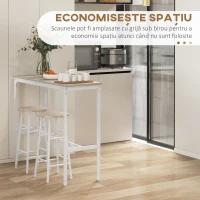HOMCOM Set masă înaltă de bar + 2 scaune cu structură din oțel și blat cu aspect de lemn natural, pentru 2 persoane, alb(m-5)