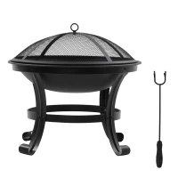 Outsunny Outdoor Fire Pit, Firepit with Mesh Lid, Poker, for Camping, Bonfire, Picnic, Black(m-1)