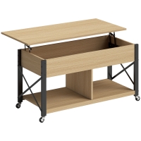 HOMCOM Mesa de Centro Elevatória com Rodas Compartimento Oculto e Prateleiras Abertas 105x50x67 cm Madeira e Branco