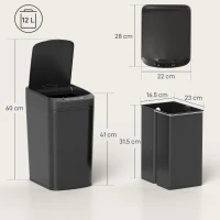 HOMCOM 12L Sensor Bin, Automatic Touchless Motion Sensor Kitchen Bin with Fingerprint Resistant Stainless Steel, Black(m-3)