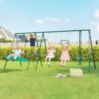 AIYAPLAY Estrutura de baloiço 5-em-1 com baloiço-ninho ajustável argolas de ginástica banco duplo estrutura de escalada para 3-8 anos 440x175x203 cm(m-2)