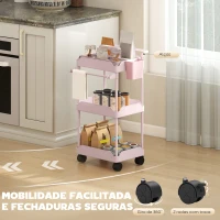HOMCOM Carrinho Auxiliar com Rodas de 3 Níveis com Cestos Extraíveis Suporte para Toalhas e Estrutura de Metal 42x42,5x76 cm Rosa(m-6)