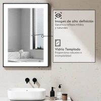 HOMCOM Espejo de Baño con Luz LED 70x50 cm con Iluminación Ajustable Función Antivaho Función de Memoria Negro(m-6)