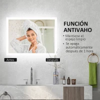 kleankin Espejo de Baño con Luces LED 70x50 cm Antivaho con Luces Retroiluminado 3 Colores Función de Memoria Interruptor Táctil(m-6)