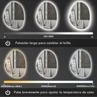 HOMCOM Espejo de Baño con Luz LED 70x50 cm 3 Colores de Luz Brillo Regulable Función Antivaho Función de Memoria IP44(m-4)