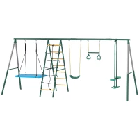 AIYAPLAY Estrutura de baloiço 5-em-1 com baloiço-ninho ajustável argolas de ginástica banco duplo estrutura de escalada para 3-8 anos 440x175x203 cm(m-7)
