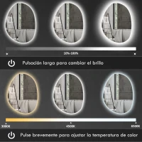 HOMCOM Espejo de Baño con Luz LED 80x60 cm 3 Colores de Luz Brillo Regulable Función Antivaho Función de Memoria IP44(m-4)