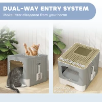 PawHut Foldable Cat Litter Box with Lid, Slide-Out Drawer, Scoop, Easy Clean, Odour Control, Anti-Splashing, Grey(m-7)