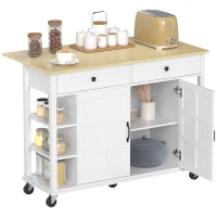 HOMCOM Ilha de Cozinha com Rodas Bancada Dobrável 2 Portas com Fecho Suave 2 Gavetas 6 Prateleiras Abertas 120x65x89 cm Branco(m-10)
