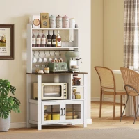 HOMCOM Armário de Cozinha Alto Móvel Auxiliar de Cozinha com 6 Ganchos para Chávenas 2 Portas de Vidro Prateleiras Abertas  80x40x152 cm Branco(m-7)