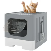 PawHut Foldable Cat Litter Box with Lid, Slide-Out Drawer, Scoop, Easy Clean, Odour Control, Anti-Splashing, Grey(m-10)