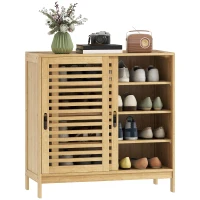 HOMCOM Sapateira de Bambu com 2 Portas de Correr de Ripas Sapateira de Entrada com Prateleiras Ajustáveis para 16 Pares de Sapatos 80x35x80 cm Madeira(m-10)