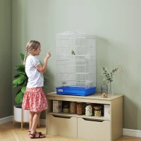 PawHut Cage pour Oiseaux Volière Métallique avec 4 Mangeoires 3 Perchoirs Balançoire et Tiroir Amovible Poignée 46,5x35,5x92 cm Bleu(m-4)