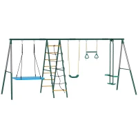 AIYAPLAY Estrutura de baloiço 5-em-1 com baloiço-ninho ajustável argolas de ginástica banco duplo estrutura de escalada para 3-8 anos 440x175x203 cm(m-1)