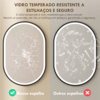 HOMCOM Espelho de Casa de Banho com Luz 60x90 cm Espelho de Parede Oval 3 Cores de Luz Brilho Regulável Função Antiembaçiamento Memória Preto(m-7)