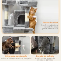 PawHut Arranhador para Gatos Arranhador de Gatos 153 cm com 2 Cavernas 3 Camas 2 Rampas Postes de Sisal e 2 Ratos Pendentes Cinzento(m-5)