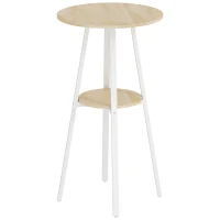 HOMCOM Mesa Alta de Cozinha Redonda com Prateleira de Armazenamento  para 2 Pessoas com Estrutura de Metal 55x55x95 cm Madeira e Branco(m-1)