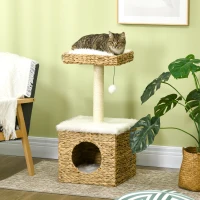 PawHut Arbre à chat 2 niveaux avec 1 niche 1 poteau sisal 1 plateforme d'observation et 1 pompon suspendu jacinthe d'eau(m-10)