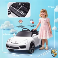 AIYAPLAY Carro Elétrico para Crianças de Polícia  12V com Motor Duplo Sirene Música Sem Fios Buzina Rodas Auxiliares e Faróis LED 105x58x49 cm Branco(m-3)