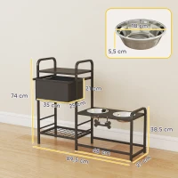 PawHut Verhoogde hondenkom hoogteverstelbaar Voerbak met opbergruimte Drinkkom 2 x 800 ml roestvrijstalen kommen 89,5x27x74 cm Zwart(m-3)