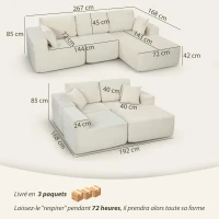 HOMCOM Sofá esquinero modular 2 en 1, 267 cm, sofá cama 3 plazas en terciopelo acanalado, asientos y reposabrazos anchos, crema(m-3)
