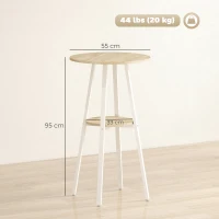 HOMCOM Mesa Alta de Cozinha Redonda com Prateleira de Armazenamento  para 2 Pessoas com Estrutura de Metal 55x55x95 cm Madeira e Branco(m-3)