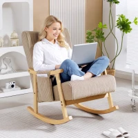 HOMCOM Silla Mecedora de Pana con Cojín Lumbar Patas y Reposabrazos de Madera de Caucho Bolsillo Estilo Moderno Marrón Claro(m-7)