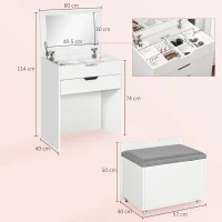 HOMCOM Dressing Table with Flip-up Mirror and Storage Stool, Vanity Table with Drawer and Hidden Compartments for Bedroom, Living Room, White(m-3)