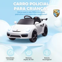 AIYAPLAY Carro Elétrico para Crianças de Polícia  12V com Motor Duplo Sirene Música Sem Fios Buzina Rodas Auxiliares e Faróis LED 105x58x49 cm Branco(m-4)
