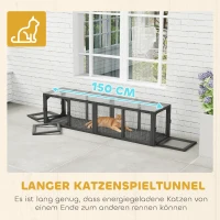 PawHut Katzentunnel Katzenspielzeug aus Holz mit 3 Türen, erweiterbar Spieltunnel für Katzen bis 10 kg, 151,5 x 38,5 cm Grau(m-7)