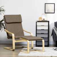 HOMCOM Fauteuil met voetenbank, fauteuilset, linnenlook, massief hout, bruin + naturel(m-10)