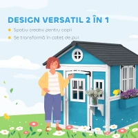 Outsunny Căsuță de Joacă din Lemn cu Uși, Ferestre, Ghivece și Jardiniere pentru Copii 3-8 Ani, Maro Închis(m-4)