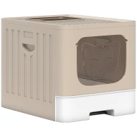 PawHut Foldable Cat Litter Box with Lid, Slide-Out Drawer, Scoop, Easy Clean, Odour Control, Anti-Splashing, Khaki(m-1)