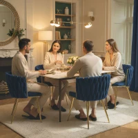 HOMCOM Velvet-Feel Dining Chairs Set of 2, Modern Upholstered Kitchen Chairs with Woven Backrest and Armrests, Metal Legs and Padded Seat for Dining Room, Bedroom, Living Room, Dark Blue(m-9)