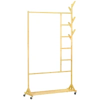 HOMCOM Suporte para Cabides de Bambu com Rodas Porta Cabides Multifuncional com 6 Ganchos Barra e Prateleira 100x37x191 cm Madeira(m-10)