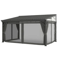 Outsunny 4.3 x 3 m Garden Pergola with Galvanised Steel Roof, Lean to Pergola Gazebo with Netting Curtains, Dark Grey(m-10)