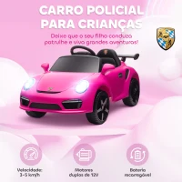 AIYAPLAY Carro Elétrico para Crianças de Polícia  12V com Motor Duplo Sirene Música Sem Fios Buzina Rodas Auxiliares e Faróis LED 105x58x49 cm Rosa(m-4)