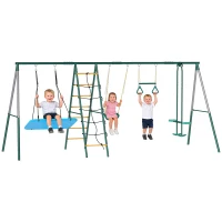 AIYAPLAY 5-in-1 Schaukelgestell mit verstellbarer Nestschaukel Turnringe Doppelsitzer Klettergerüst für 3-8 Jahre 440x175x203 cm(m-11)
