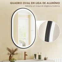 HOMCOM Espelho de Casa de Banho com Luz 60x90 cm Espelho de Parede Oval 3 Cores de Luz Brilho Regulável Função Antiembaçiamento Memória Preto(m-8)