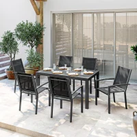 Outsunny Seven-Piece Garden Dining Set, with Plastic Wood-Top Table - Black(m-9)