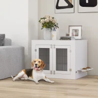 PawHut Cage pour chien intérieur caisse pour chien en bois 2 bols rotatifs à 360° 2 portes chien moyenne 80 x 60 x 63 cm blanc(m-10)