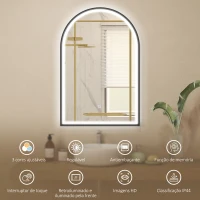 HOMCOM Espelho de Casa de Banho com Luz 60x90 cm Espelho de Parede Arqueado 3 Cores de Luz Brilho Regulável Função Antiembaçiamento Preto(m-4)