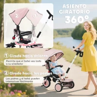 AIYAPLAY Triciclo Evolutivo 6 en 1 Plegable Asiento Giratorio de 360° Mango Parental Respaldo Reclinable Toldo Rosa(m-5)