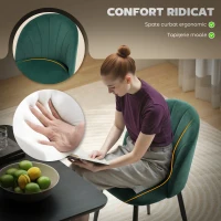 HOMCOM Set de 2 Scaune de Sufragerie din Catifea, Scaune Bucătărie cu Spătar Curbat în Formă de Scoică, Picioare din Metal, Stil Nordic, Scaun Tapițat pentru Bucătărie, Dormitor, Cameră de Zi, Verde Închis(m-6)