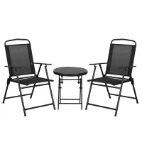Outsunny Three-Piece Garden Seat Set, with Glass-Top Table - Black(m-1)