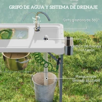 Outsunny Mesa Plegable para Camping con 2 Fregaderos Manguera de Drenaje Estación de Limpieza y Grifo Blanco(m-4)